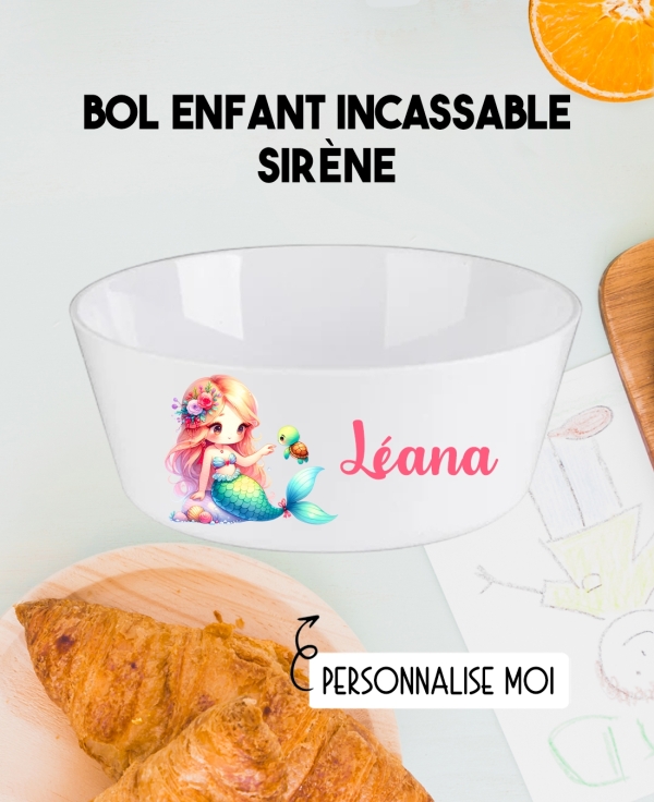 Bol enfant personnalisé en plastique sirène. Bol plastique prénom. bol enfant sirène personnalisé. gobelet plastique.