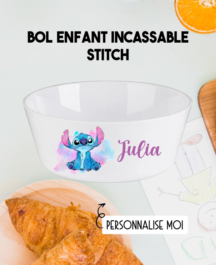 Bol enfant personnalisé en plastique stitch. Bol plastique prénom. bol enfant stitch personnalisé. gobelet plastique.