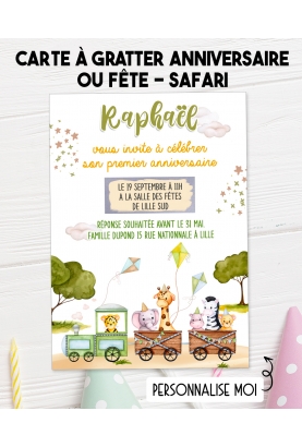 carte invitation. carte baptême. carte anniversaire enfant. carte safari. anniversaire safari. carte invitation gratter.