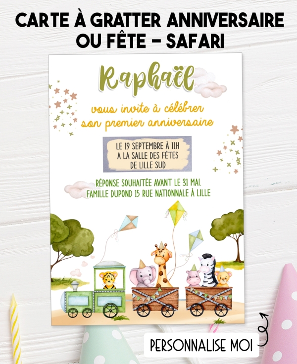 carte invitation. carte baptême. carte anniversaire enfant. carte safari. anniversaire safari. carte invitation gratter.