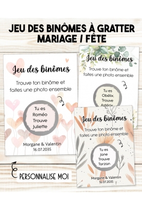 jeu des binômes. cartes binômes mariage. animation mariage. jeu gratter mariage. jeu des binômes fêtes