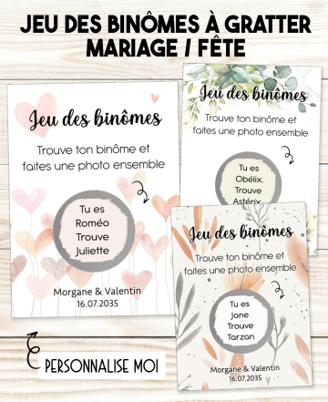 jeu des binômes. cartes binômes mariage. animation mariage. jeu gratter mariage. jeu des binômes fêtes