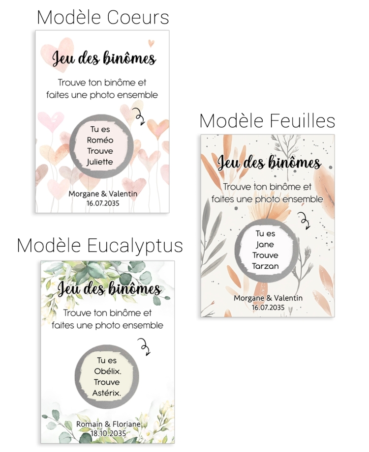 jeu des binômes. cartes binômes mariage. animation mariage. jeu gratter mariage. jeu des binômes fêtes