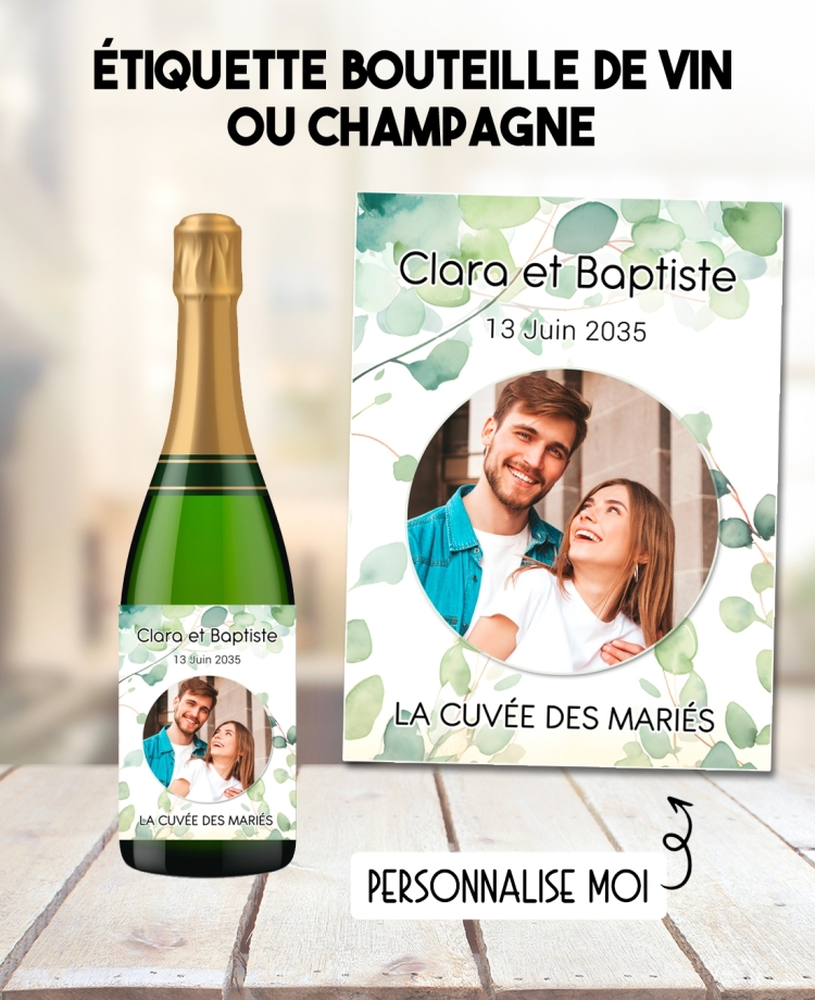 Etiquette bouteille de vin ou eucalyptus pour mariage, anniversaire, baptême avec photo personnalisable