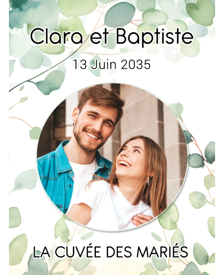 Etiquette bouteille de vin ou eucalyptus pour mariage, anniversaire, baptême avec photo personnalisable.