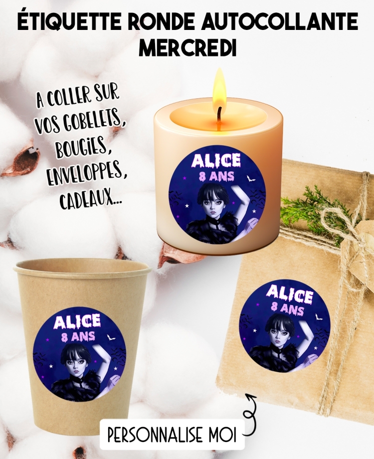 Étiquette autocollante mercredi. étiquette gobelet. étiquette anniversaire enfant mercredi. étiquette personnalisé bougie.