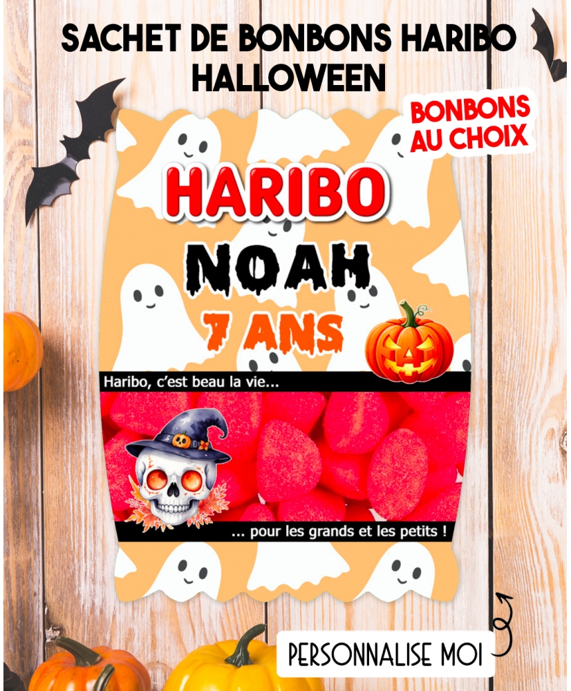 Sachet de bonbons HARIBO personnalisé halloween. cadeau bonbon anniversaire. bonbon anniversaire enfant halloween fantome Sachet de bonbons HARIBO personnalisé halloween. cadeau bonbon anniversaire. bonbon anniversaire enfant halloween fantome