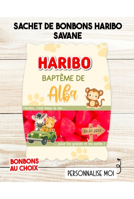 Sachet de bonbons HARIBO personnalisé Savane. cadeau bonbon anniversaire. bonbon anniversaire enfant Savane