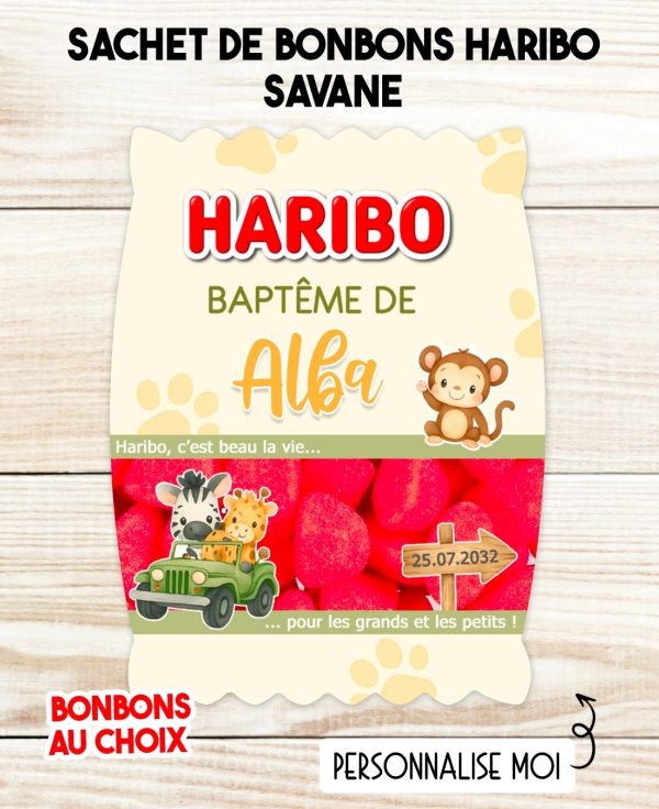 Sachet de bonbons HARIBO personnalisé Savane. cadeau bonbon anniversaire. bonbon anniversaire enfant Savane