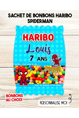 Sachet de bonbons HARIBO personnalisé spiderman. cadeau bonbon anniversaire. bonbon anniversaire enfant