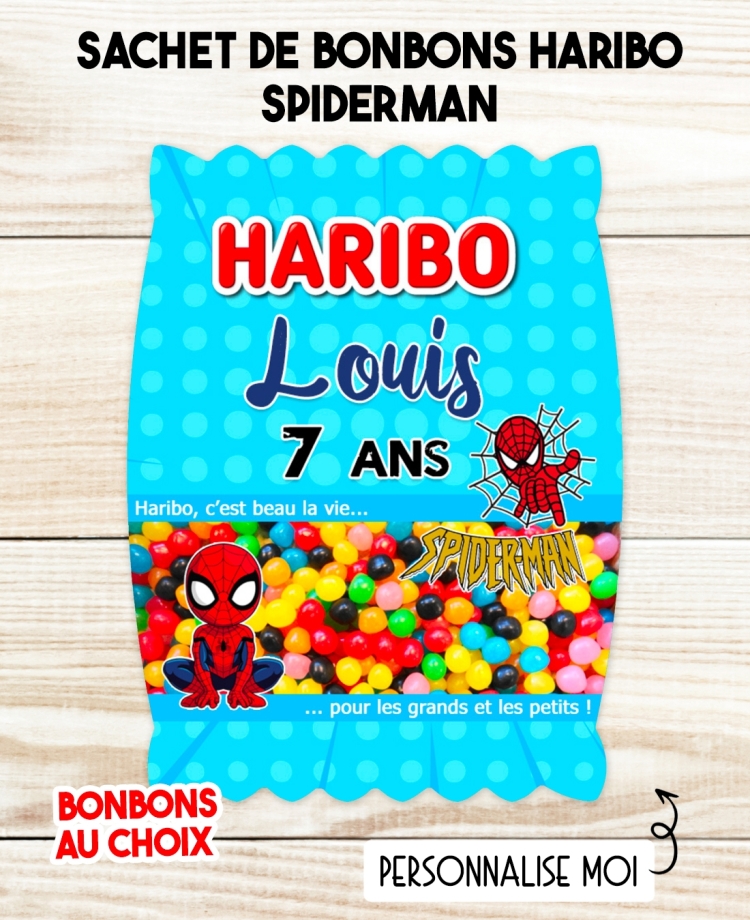 Sachet de bonbons HARIBO personnalisé spiderman. cadeau bonbon anniversaire. bonbon anniversaire enfant