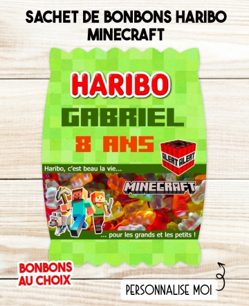 Sachet de bonbons HARIBO personnalisé Minecraft. cadeau bonbon anniversaire. bonbon anniversaire enfant Minecraft