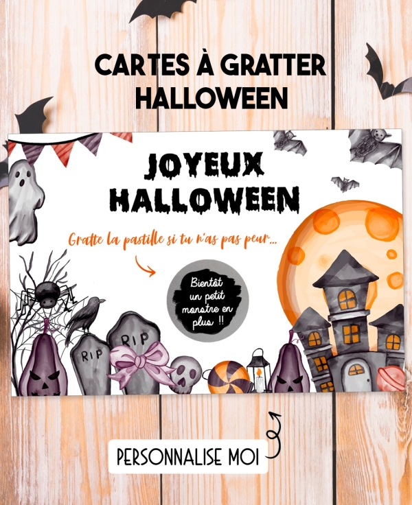 Carte à gratter Joyeux Halloween personnaliser. carte annonce Halloween. carte Halloween