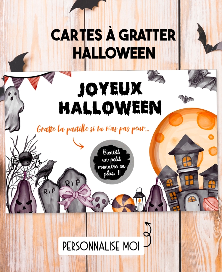 Carte à gratter Joyeux Halloween personnaliser. carte annonce Halloween. carte Halloween