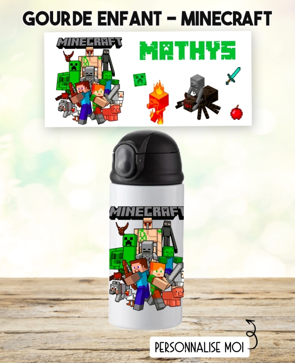 gourde minecraft. gourde enfant personnalisé. gourde garçon. gourde enfant prénom. bouteilles enfants minecraft