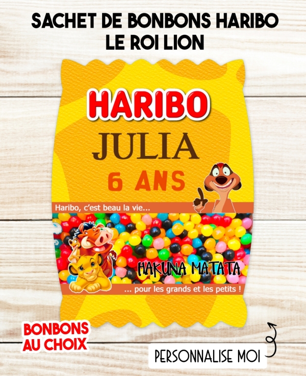 Sachet de bonbons HARIBO personnalisé le roi lion. cadeau bonbon anniversaire. bonbon anniversaire enfant le roi lion