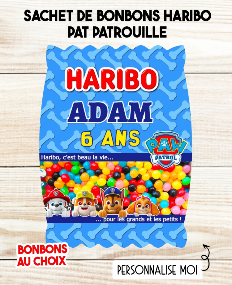 Sachet de bonbons HARIBO personnalisé Pat Patrouille. cadeau bonbon anniversaire. bonbon anniversaire enfant Pat Patrouille