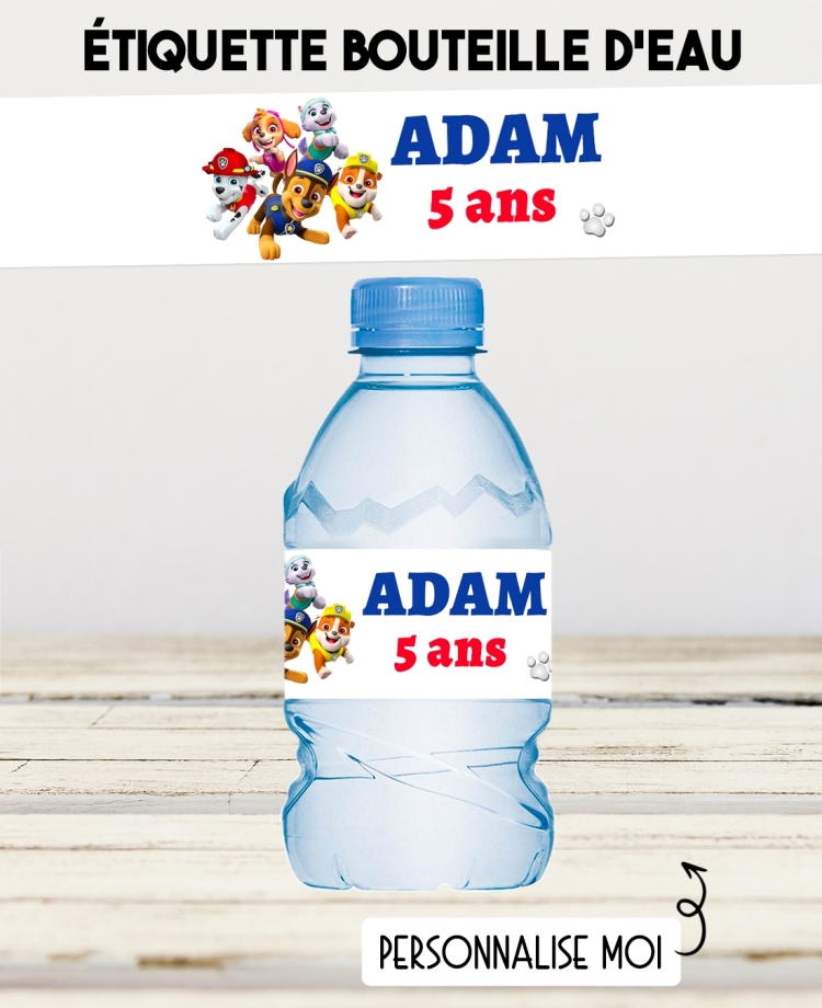 etiquette autocollante. etiquette Pat Patrouille. étiquette bouteille eau. étiquette personnalisé.