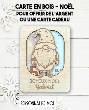 carte en bois Noël Gnome. Carte cadeau Noël. Cadeau Noël original. offrir argent Noël original