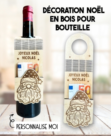 Décoration de bouteille en bois Noël. cadeau Noël. idée cadeau Noël. carte cadeau Noël. argent Noël
