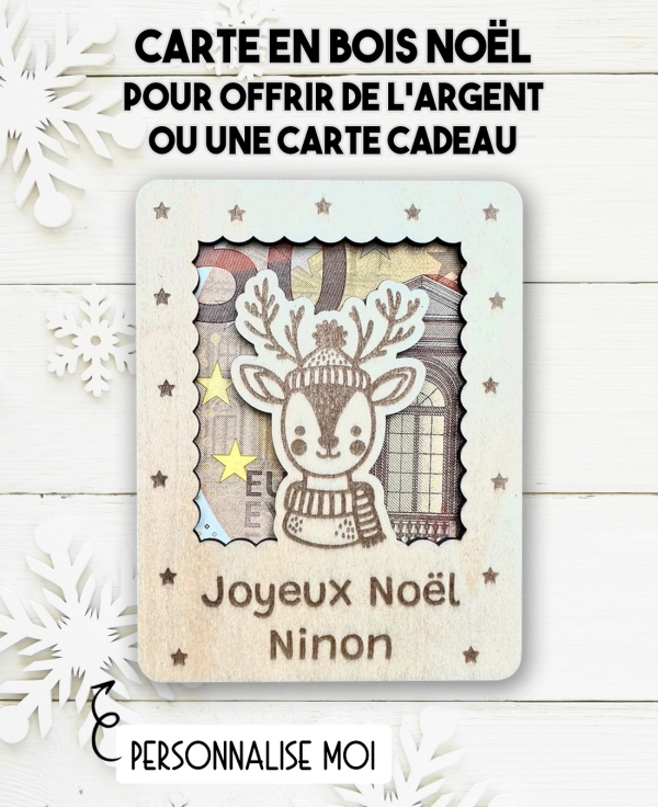 carte en bois Noël Renne. Carte cadeau Noël. Cadeau Noël original. offrir argent Noël original
