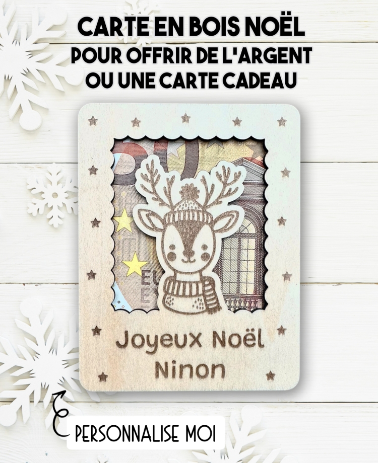 carte en bois Noël Renne. Carte cadeau Noël. Cadeau Noël original. offrir argent Noël original