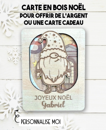 carte en bois Noël Gnome. Carte cadeau Noël. Cadeau Noël original. offrir argent Noël original