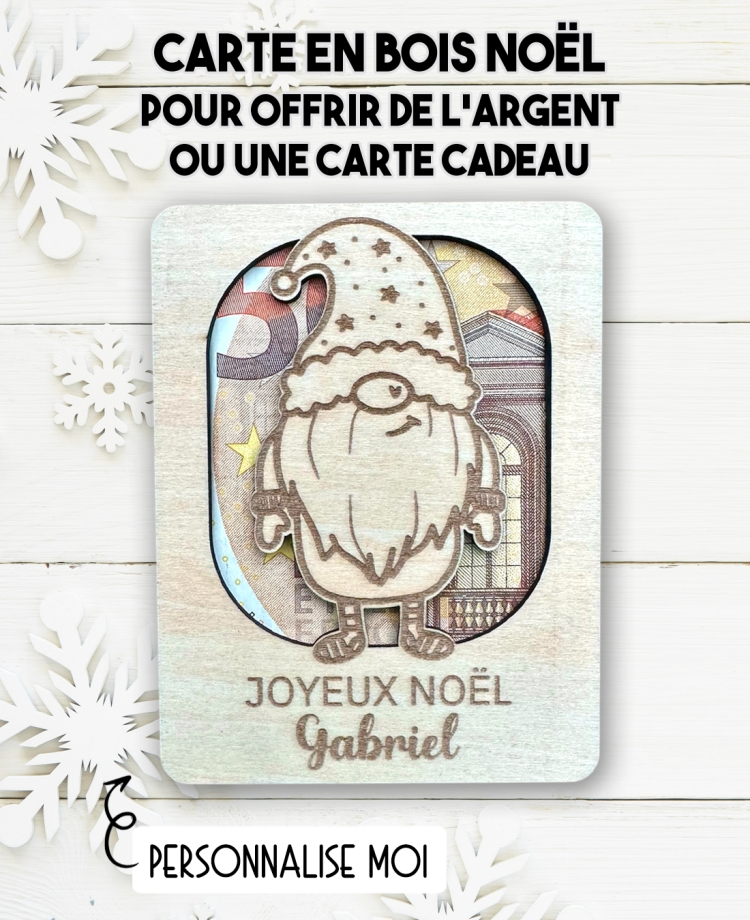 carte en bois Noël Gnome. Carte cadeau Noël. Cadeau Noël original. offrir argent Noël original