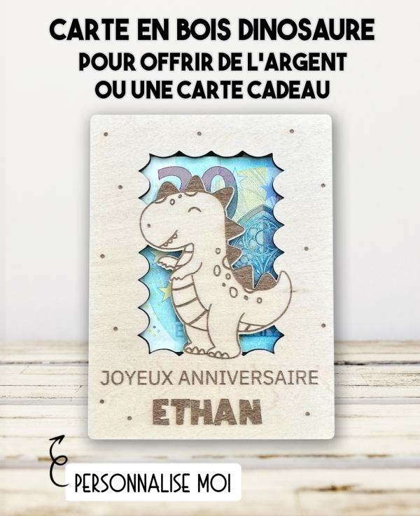 carte en bois Noël. Carte cadeau Dinosaure. Cadeau original enfant. offrir argent original enfant