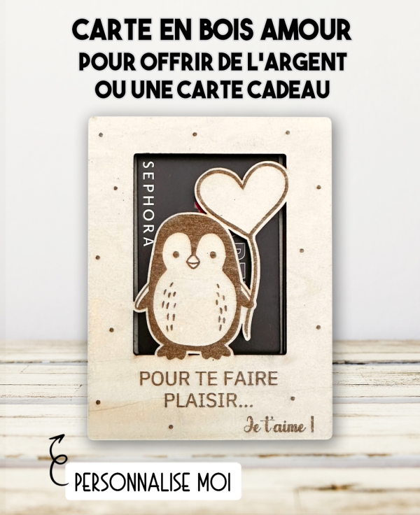 carte en bois amour, idée originale pour offrir de l’argent, carte cadeau en bois, cadeau romantique original