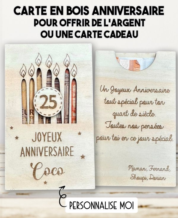 carte en bois anniversaire. Carte cadeau fête. Cadeau anniversaire original. offrir argent anniversaire original