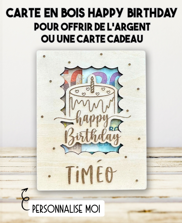 carte en bois Happy Birthday. Carte cadeau anniversaire. Cadeau original joyeux anniversaire. offrir argent original enfant