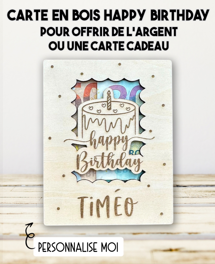 carte en bois Happy Birthday. Carte cadeau anniversaire. Cadeau original joyeux anniversaire. offrir argent original enfant