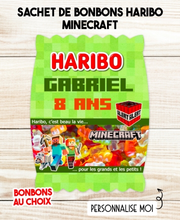 Sachet de bonbons HARIBO personnalisé Minecraft. cadeau bonbon anniversaire. bonbon anniversaire enfant Minecraft