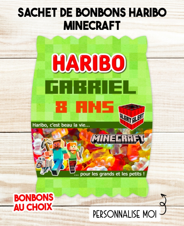 Sachet de bonbons HARIBO personnalisé Minecraft. cadeau bonbon anniversaire. bonbon anniversaire enfant Minecraft