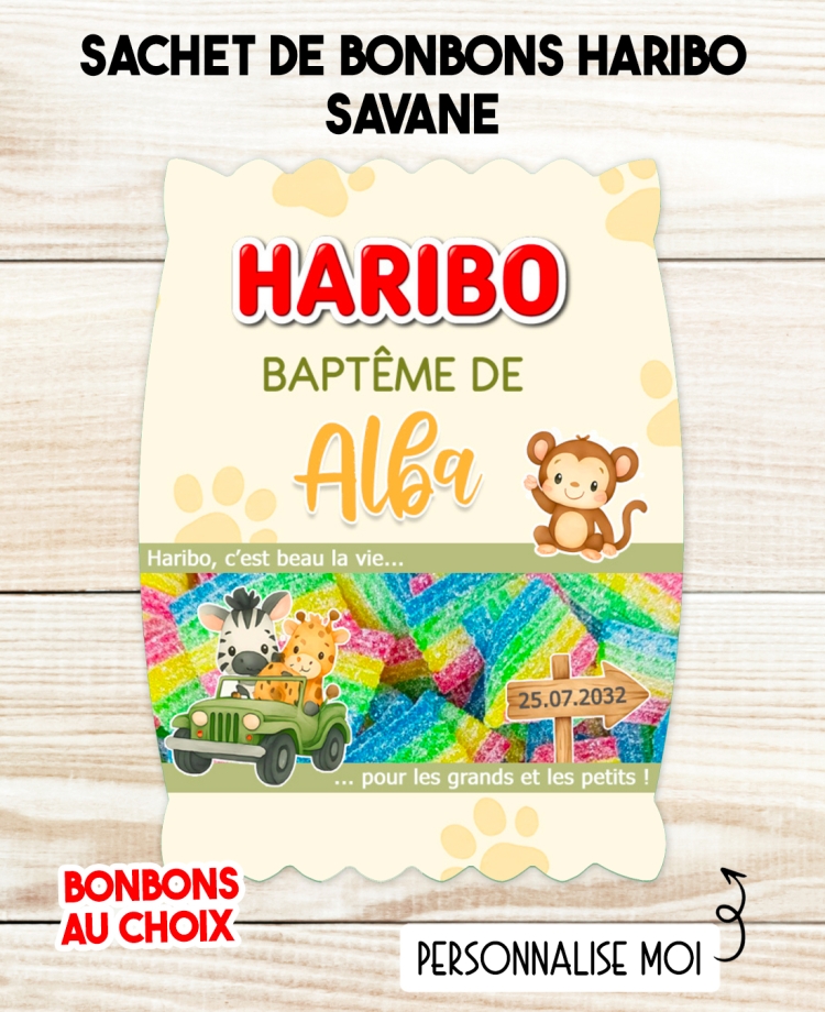 Sachet de bonbons HARIBO personnalisé Savane. cadeau bonbon anniversaire. bonbon anniversaire enfant Savane