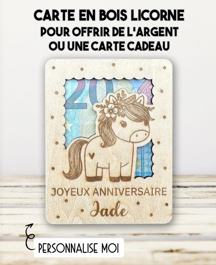 carte en bois licorne, carte cadeau licorne, cadeau enfant licorne, 
carte pour offrir de l’argent, cadeau anniversaire fille