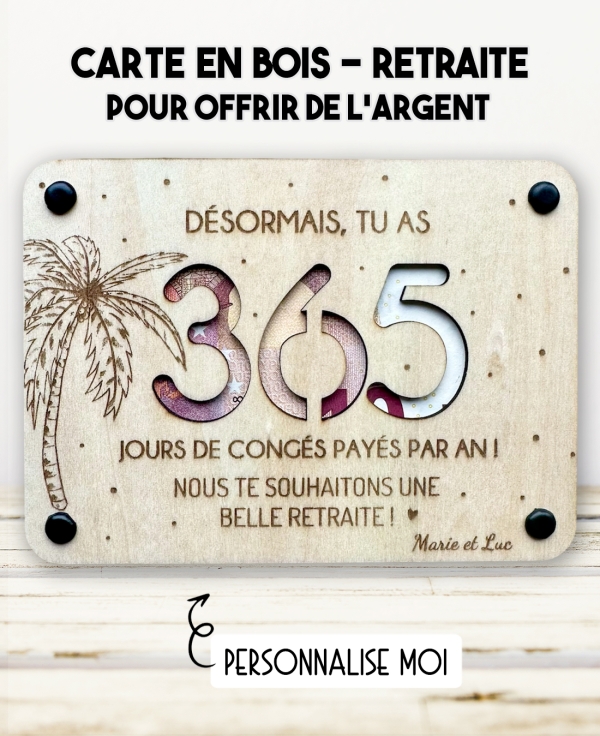 carte retraite, offrir de l’argent retraite, carte en bois retraite, cadeau retraite original, dée cadeau retraite