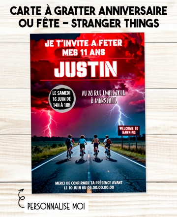 carte invitation. carte fête Stranger Things. carte anniversaire Stranger Things. anniversaire garçon. carte invitation gratter.