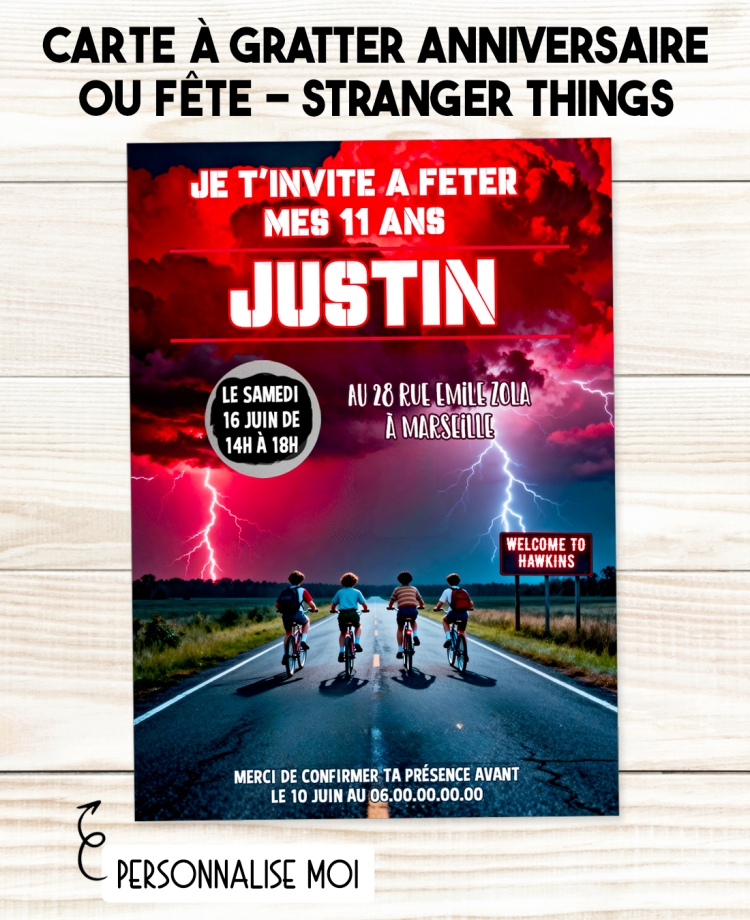 carte invitation. carte fête Stranger Things. carte anniversaire Stranger Things. anniversaire garçon. carte invitation gratter.
