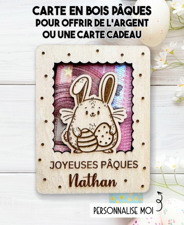 carte en bois Pâques, carte Pâques enfant, carte lapin bois, cadeau Pâques enfant, offrir argent Pâques
