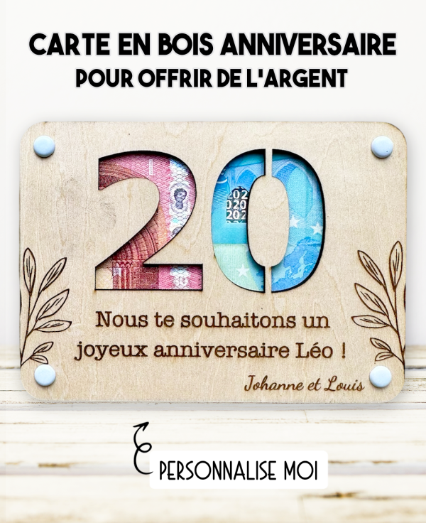 carte en bois anniversaire. Carte cadeau fête. Cadeau anniversaire original. offrir argent anniversaire original