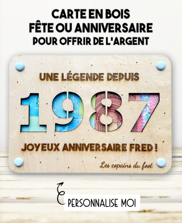 carte en bois anniversaire. Carte cadeau fête. Cadeau anniversaire original. offrir argent anniversaire original