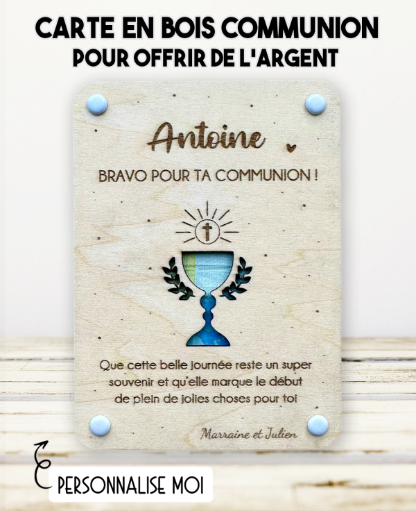 carte communion bois, carte gravée communion, cadeau communion original, enveloppe argent communion, support billet communion