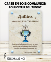 carte communion bois, carte gravée communion, cadeau communion original, enveloppe argent communion, support billet communion
