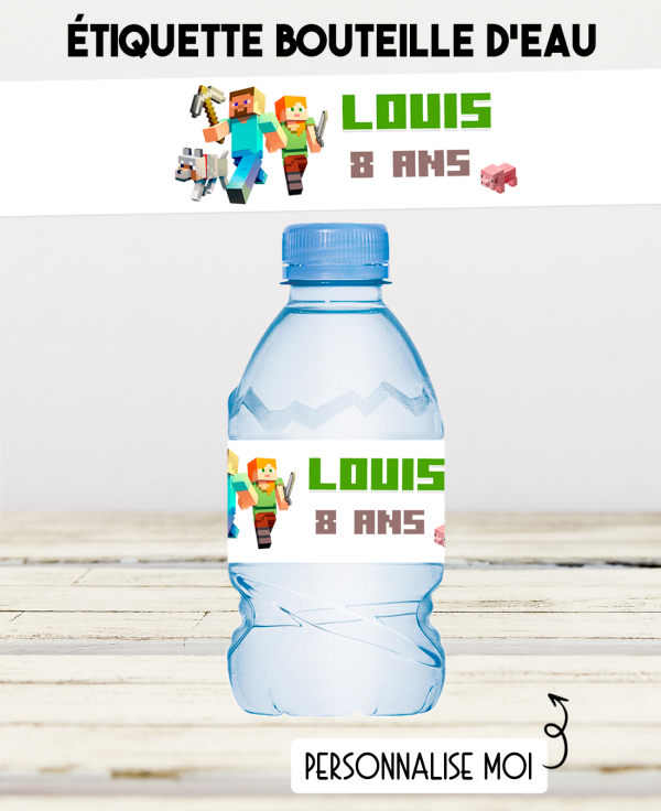 etiquette autocollante. etiquette Minecraft. étiquette bouteille eau. étiquette personnalisé Minecraft. déco Minecraft