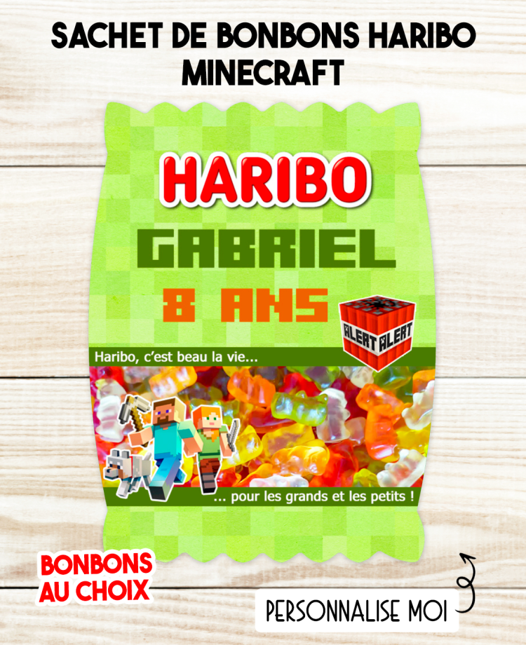Sachet de bonbons HARIBO personnalisé Minecraft. cadeau bonbon anniversaire. bonbon anniversaire enfant Minecraft