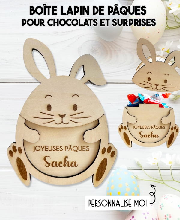 boîte lapin Pâques, Pâques personnalisée, cadeau chocolat enfant, boîte chocolat Pâques, bonbonnière lapin, lapin Pâques gravé