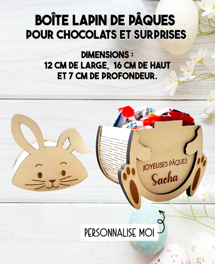 boîte lapin Pâques, Pâques personnalisée, cadeau chocolat enfant, boîte chocolat Pâques, bonbonnière lapin, lapin Pâques gravé,