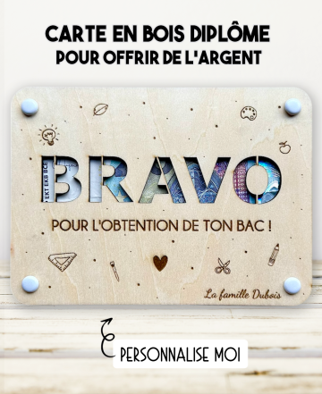carte diplôme bois, carte cadeau argent diplôme, cadeau bac original, cadeau réussite examen